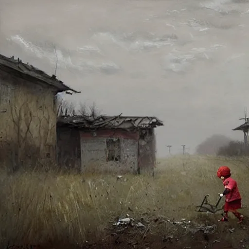 Prompt: painting by jakub rozalski of a child walking with a wheelbarrow in an abandoned post soviet town infested with root monsters