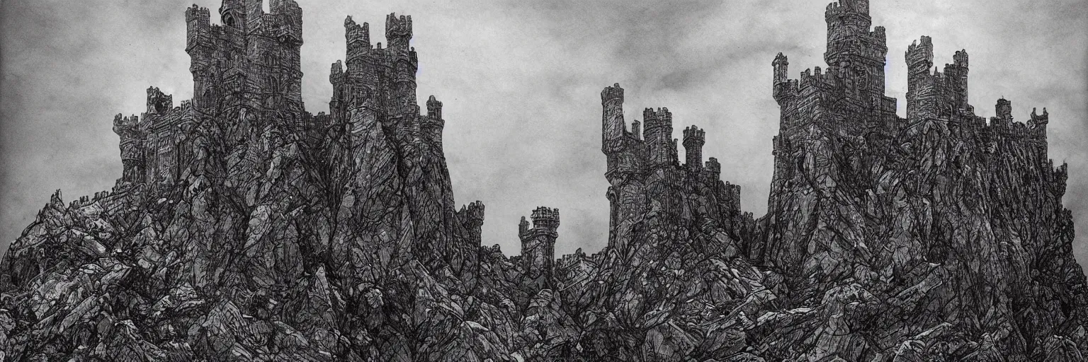 Prompt: dragonstone castle from westeros by ian miller, extremely hyperdetailed, grim atmosphere, intricate stone architecture, sense of dread, ominous, ramparts, bulwarks