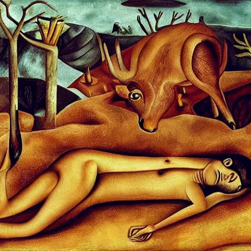 Image similar to a deer with the face of a woman lying on the ground, by frida kahlo