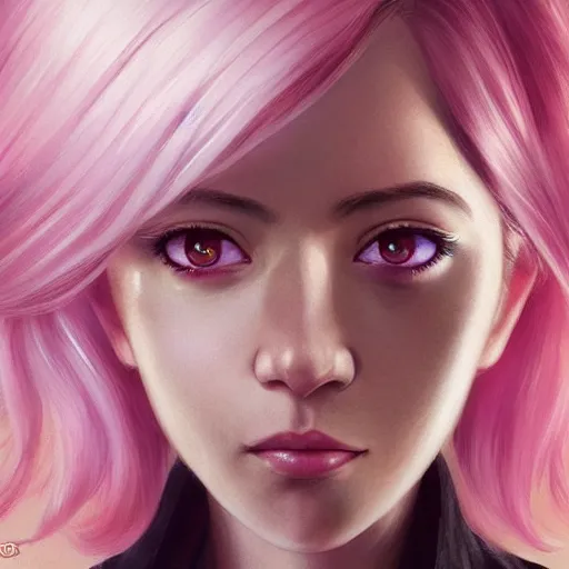 Image similar to smirking woman with cute - fine - face, pretty face, white and pink hair, realistic shaded perfect face, extremely fine details, by realistic shaded lighting, dynamic background, poster by ilya kuvshinov katsuhiro otomo, magali villeneuve, artgerm, jeremy lipkin and michael garmash and rob rey, pascal blanche, kan liu