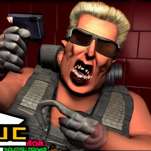 Prompt: scared duke nukem eating a mushroom, small in room, 3D polygon video game