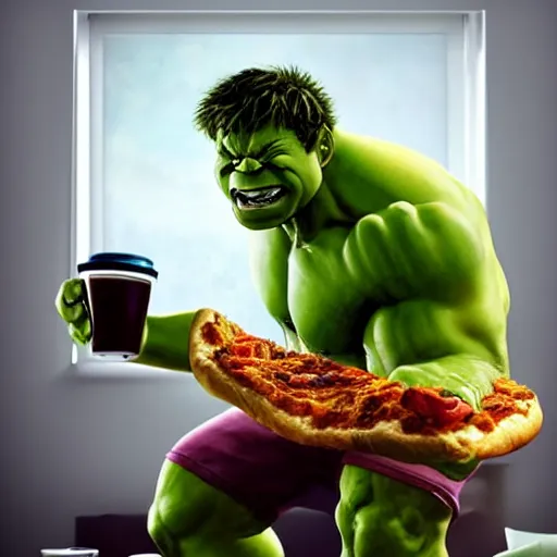 Image similar to A high definition and realistic photo of a smiling incredible hulk drinking a cup of coffee and eating pizza and croissant on a couch in his living room, hyperdetailed, artstation, digital art, photorealism, accurate, 8k,