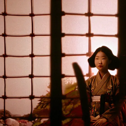 Image similar to woman in traditional hanbok waiting in living room while the shadow of a giant Kaiju-eiga starfish monster is behind the screen window, 35mm film still, monochrome Wes Anderson and Fritz Lang