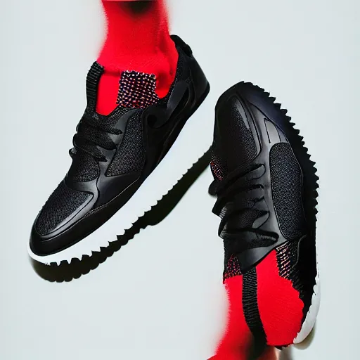 Image similar to a studio photoshoot of a Nike Air x Acronym sneaker collab designed by Errolson Hugh, knitted mesh material, realistic, color film photography by Tlyer Mitchell, 35 mm, graflex