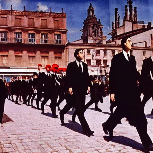 Prompt: a crowd of men in suits marching in a surrealistic city, cinematic dramatic lighting, matte painting, Salvador Dali, René Magritte, Frida Kahlo