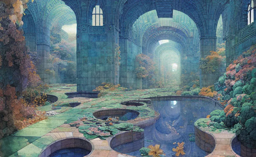 Image similar to tiled room squared waterway, aqueducts, fantasy. intricate, amazing composition, colorful watercolor, by ruan jia, by maxfield parrish, by marc simonetti, by hikari shimoda, by robert hubert, by zhang kechun, illustration, gloomy