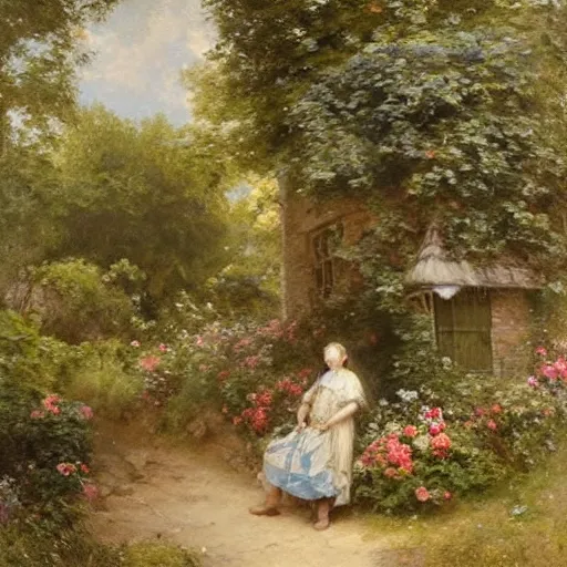 Image similar to jean-Baptiste Monge and Solomon Joseph Solomon and Richard Schmid and Jeremy Lipking victorian genre painting portrait painting of an english country cottage with a stone path and flower garden
