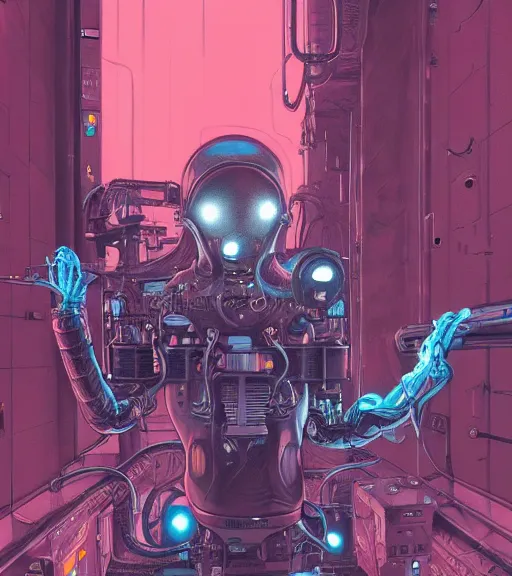 Image similar to a cybernetic realistic octopus in a space station, techwear, Industrial Scifi, detailed illustration, character portrait, graffiti art by Martin Grip and Moebius