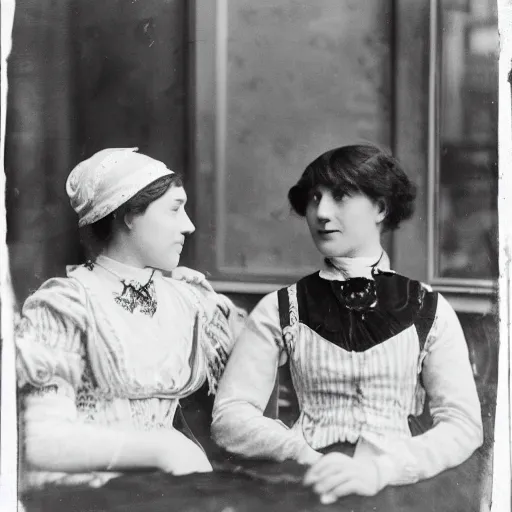 Image similar to a black and white photograph of two young edwardian women sitting in a cafe in paris