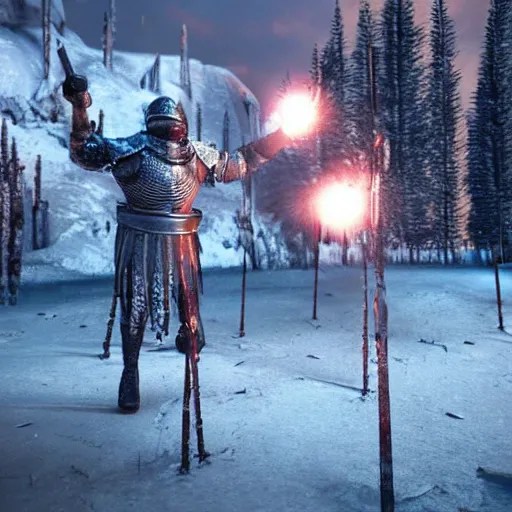 Image similar to ice spikes are summoned from the ground by magic, a group of knights in plate - armor gets impaled by bloody spikes, death on the spot, gloomy lights in the sky, octane render, unreal engine