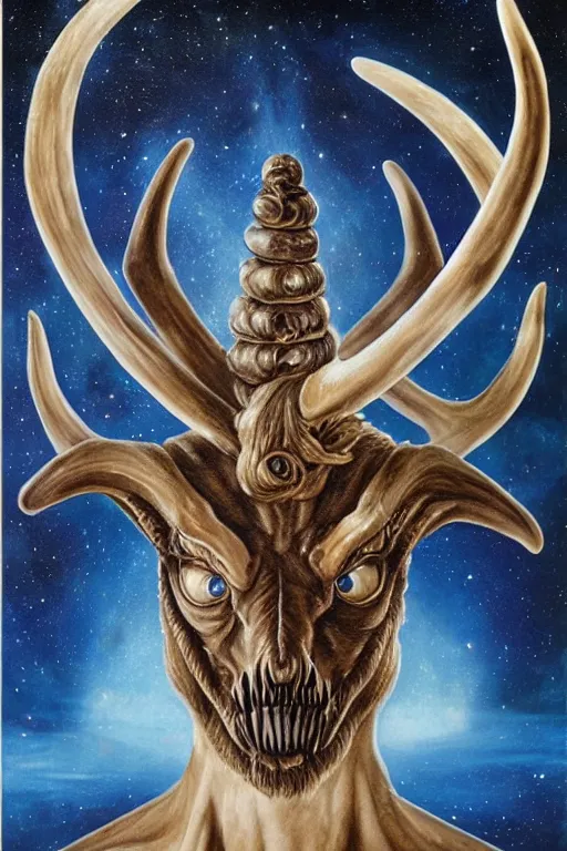 Image similar to sideview waist up portrait of baphomet with big antler, starship made with porcelain by jeff easley and peter elson, beautiful eyes and face, symmetry face, galaxy, gothic, surreal, dread, highly detailed, intricate complexity, epic composition, magical atmosphere, masterpiece, award winning, trending on artstation