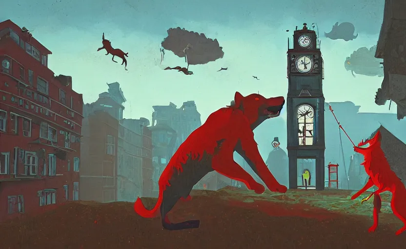 Image similar to a boy fighting a wolf on the edge of a clocktower, by simon stalenhag gouache, print