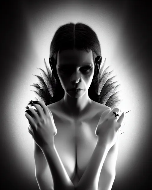 Image similar to surreal mythical dreamy dark artistic black and white fine art 3 / 4 portrait photo of a young delicate female mutant - cyborg with long pale feathers, rim light, cinematic, studio dramatic light, poetic, octane render, 8 k, photo - realistic