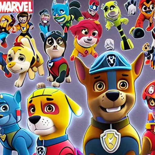 Prompt: paw patrol in marvel universe collaboration x-men, in comics, cartoon, nickelodeon tv, pencil drawing