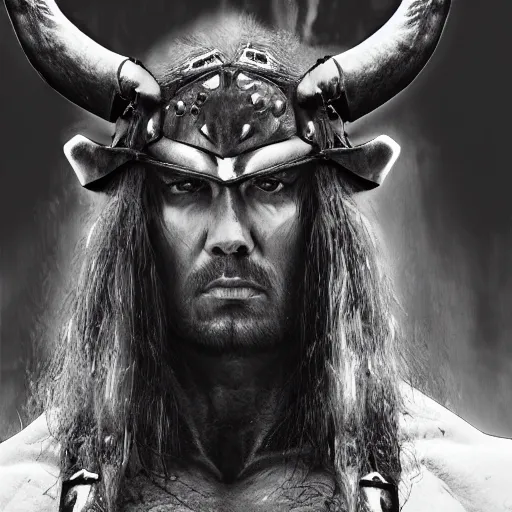 Image similar to hyper realistic photo of cimmerian conan barbarian portrait, cinematic