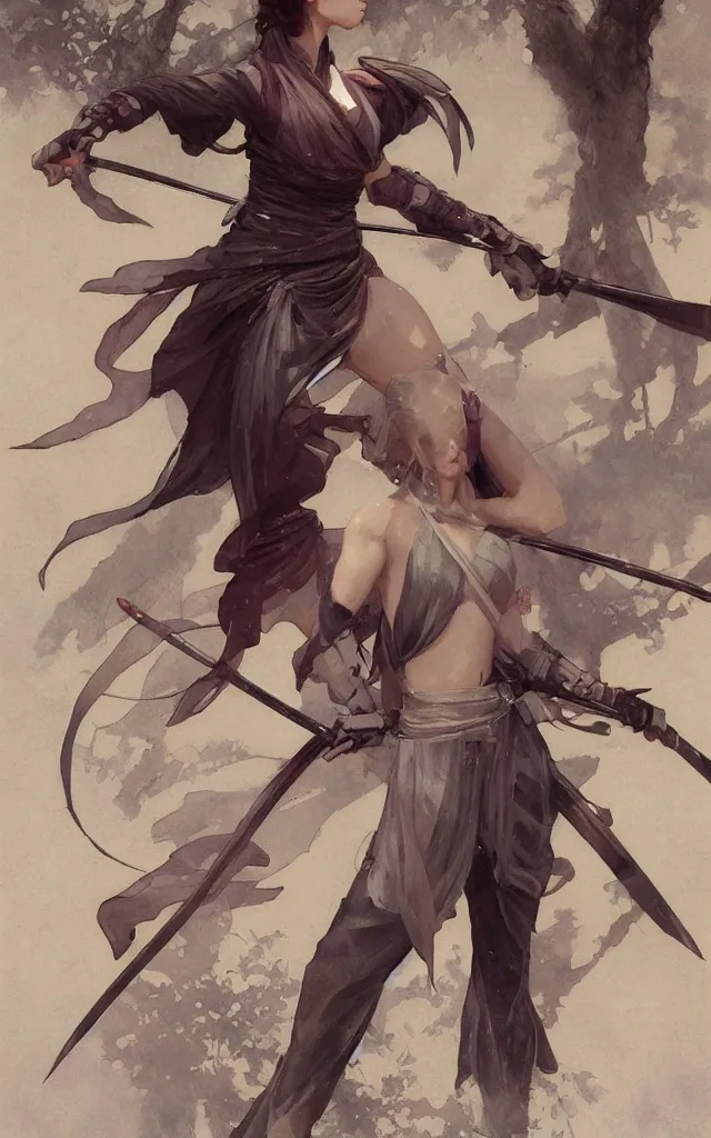 Image similar to modern elegant female ninja samurai, with large sword, feminine, powerful, beautiful, upper body, muscular arms and abdominals, full body, wide leg hakama trousers, highly detailed, digital painting, sakura tree petals, concept art, smooth, sharp focus, illustration, by gaston bussiere, mucha, gerome, craig mullins, greg rutkowski,