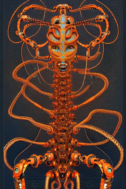 Image similar to a centered uncut fullbody frontview portrait of a robotic hydra / gorgon headed biomechanical creature by clogtwo and subjekt zero feat paul lewin and ø - cult. intricate detailed sharp clean textured very ornated. indian style tapestry design. hd. 4 k. lowbrow color palette