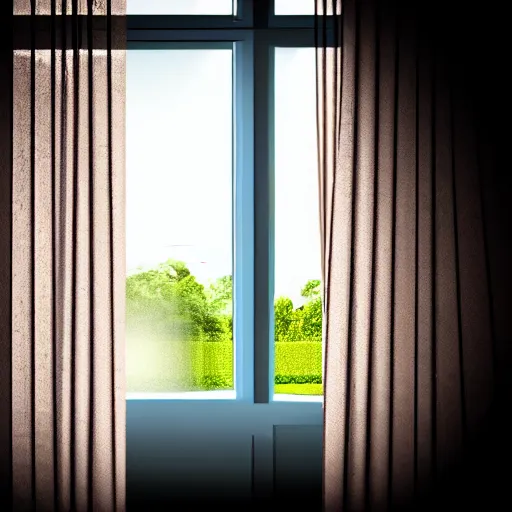 Prompt: a detailed photograph of the outside of a house with curtains in the windows, someone is peeking out at you through the curtains, 8 k, highly detailed, editorial