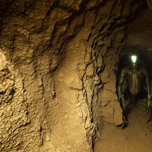 Image similar to photo inside a cavern of a humanoid with lizard skin and a mouth with sharp tooth and black eyes, partially hidden in the shadows