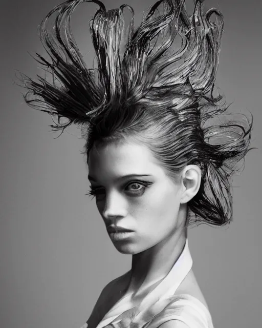 Image similar to a bountiful springtime harvest, a conceptual surrealist punk hairstyle for girls, by steven meisel, sigma 35mm f/8