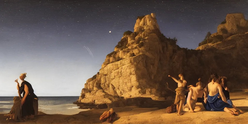 Image similar to beautiful oil matte portrait painting, people watching the stars at night on a portuguese cliff beach, wonderful masterpiece highly detailed, beautiful cinematic light deep focus, elegant, digital painting, smooth, sharp focus, golden ratio, dramatic illumination, ultra realistic, 8 k, art by artemisia lomi gentileschi and caravaggio