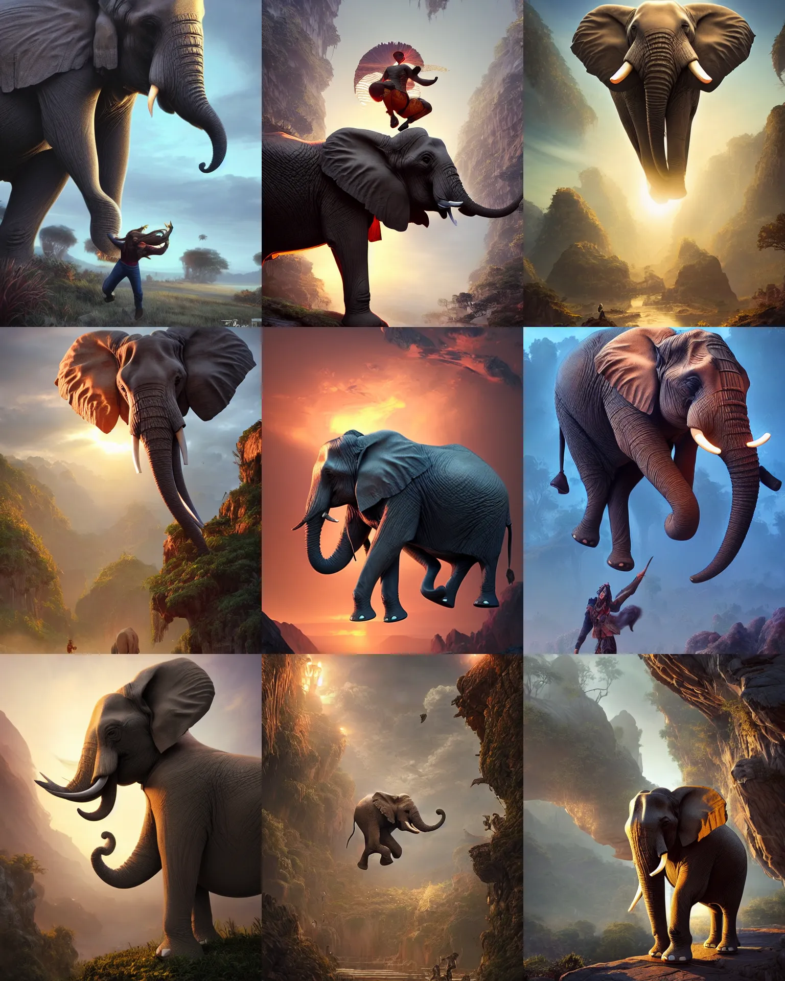 Prompt: elephant jumps, single elephant, fantasy, intricate, epic lighting, cinematic composition, hyper realistic, 8 k resolution, unreal engine 5, by artgerm, tooth wu, dan mumford, beeple, wlop, rossdraws, james jean, marc simonetti, artstation