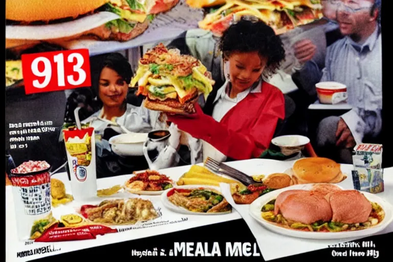 Prompt: mcdonald's mc - 9 / 1 1 9 / 1 1 meal, in 1 9 9 5, y 2 k cybercore, advertisement photo