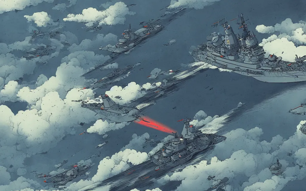 Image similar to japanese battleship yamato flying between the clouds, in the style of james jean and laurie greasley, dynamic composition, dramatic lighting, ultra detailed