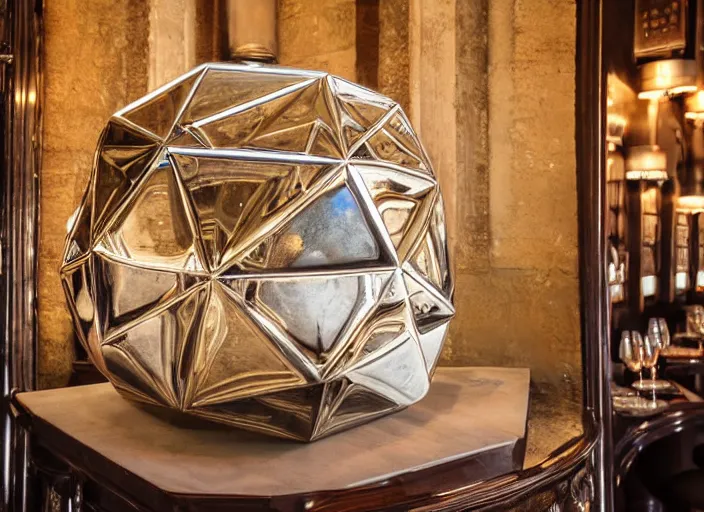 Image similar to a reflective symmetrical polyhedral steel engineering trophy at a high end bar in a medieval themed castle in golden afternoon light, professional food photography