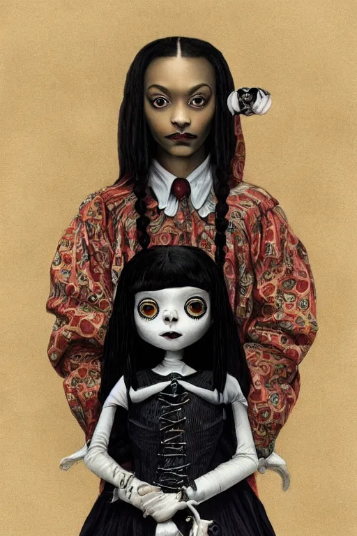 Image similar to beautiful cottagecore snoop dogg as Wednesday Addams holding a Coraline doll, Black Hair, Goth, gothic, castlevania, intricate, elegant, highly detailed, digital painting, artstation, concept art, smooth, sharp, focus, illustration, art by artgerm and greg rutkowski and alphonse mucha