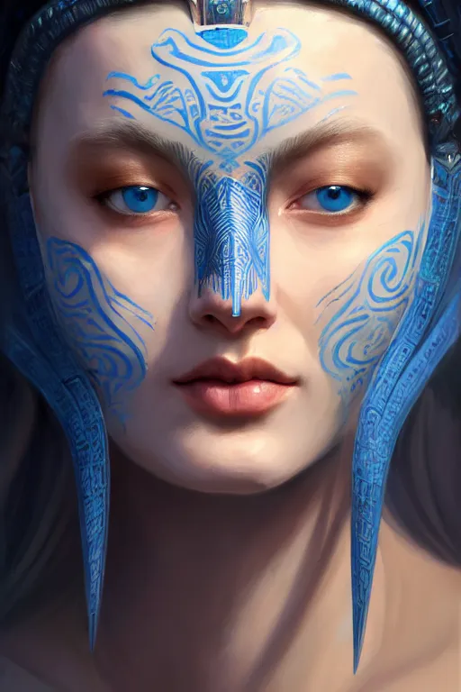 Prompt: ultra detailed facial portrait of beautiful nordic woman, blue eyes, wearing a tribal mask, extremely detailed digital painting, in the style of fenghua zhong and ruan jia and jeremy lipking and peter mohrbacher, mystical colors, rim light, beautiful lighting, 8 k, stunning scene, raytracing, octane, trending on artstation