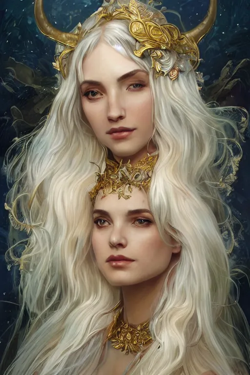 Image similar to fullbody!! of a beautiful woman with long white hair, big natural horns on her head, long flowing intricate dress, gold jewellery, dnd, face, fantasy, intricate, elegant, highly detailed, digital painting, artstation, concept art, smooth, sharp focus, illustration, art by artgerm and greg rutkowski and alphonse mucha