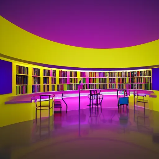 Prompt: An eternal library, 3d render, octane render, ((pink)) ((yellow)) ((blue)) ((purple)), clock, modern architecture, neon sign