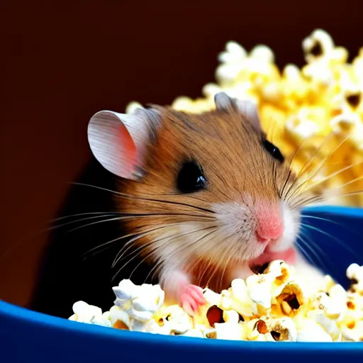 Prompt: a hamster sitting on top of a bucket of popcorn at the movie theater, close up, dslr photo