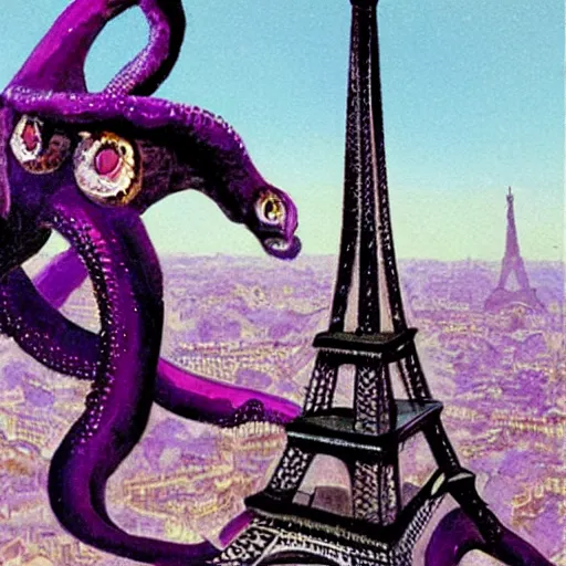 Prompt: Giant purple octopus climbing the Eiffel Tower, concept art by Ray Harryhausen