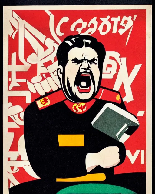 Image similar to soviet propaganda poster of an angry communist developer yelling at his computer