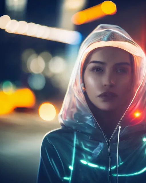 Prompt: a closeup portrait of as beautiful young woman wearing a transparent wet hoody standing in the middle of a busy night road, with lots on neon lights on the background, very backlit, moody feel, dramatic
