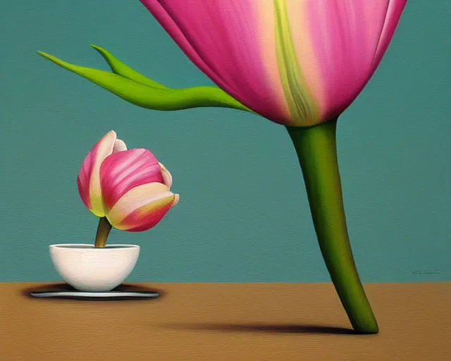 Image similar to rule of thirds inside the tulip on a table, an ultrafine detailed painting by rafal olbinski, behance contest winner, pop surrealism, detailed painting, very detailed, minimalist, skeuomorphic, airbrush art