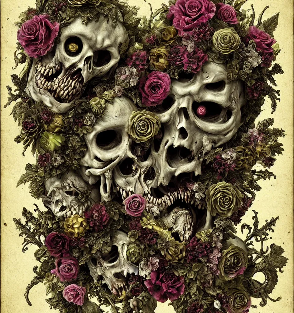 Image similar to zombie, punk, male, fruit and flowers, botanical, vanitas, sculptural, baroque, rococo, intricate detail, spiral, ornamental, decomposing