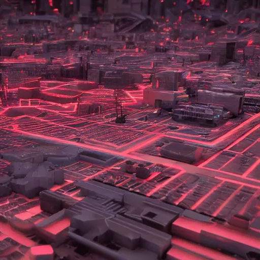 Prompt: photo of a futuristic city in a dystopian future made of electronic components and looks like a giant pcb board. Very detailed 8k. Unreal engine 5 render with nanite, global illumination and path tracing. Cinematic post processing. Emphasize on the colors red and black.