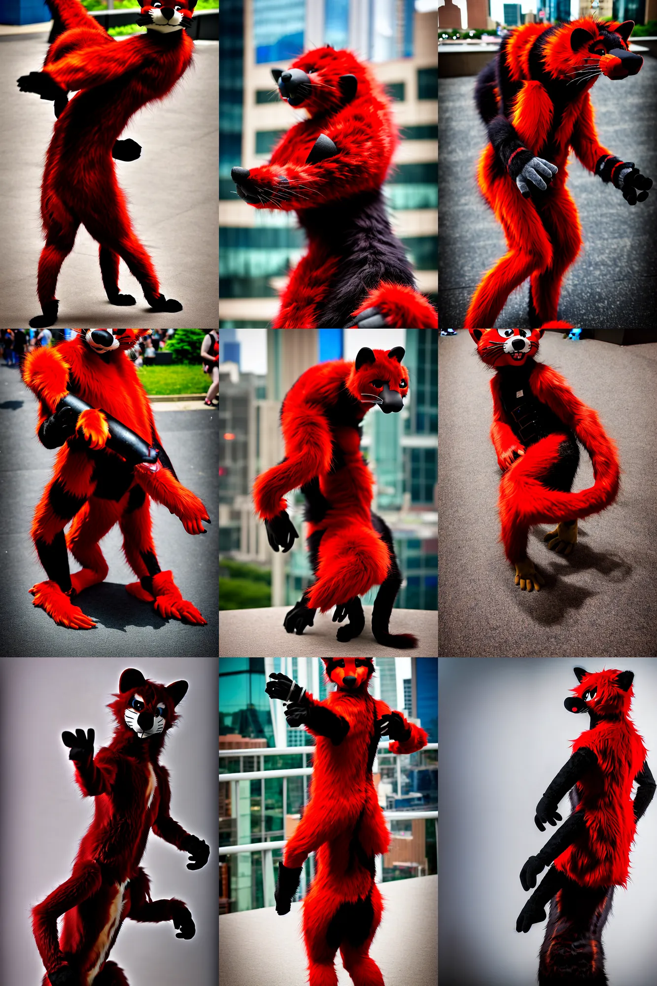 Image similar to fullbody photoshoot photo portrait of a roguish male red - black furred weasel furry fursuiter ( tail attached ), taken at anthrocon ( furry convention )