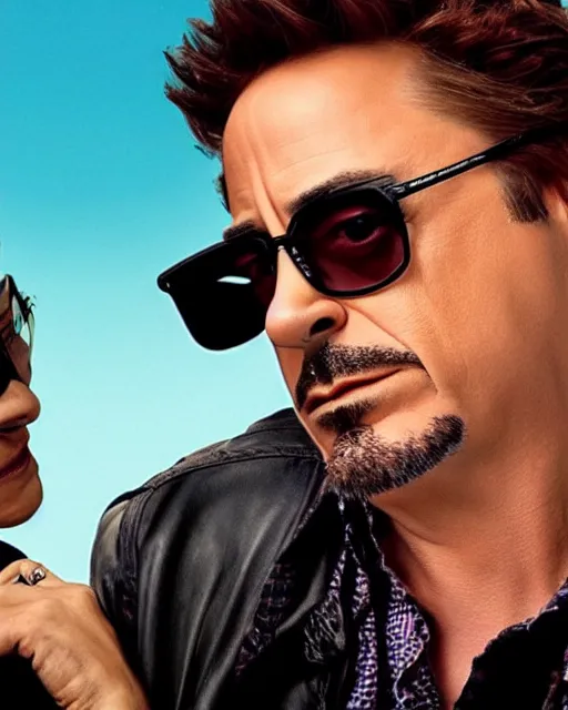 Prompt: comedy movie poster for sleeping robert downey jr. wearing dark glasses starring in weekend at bernie's. movie poster. comedic. cinematic lighting. robert downey jr. with dark sunglasses asleep in a wheelchair. also starring rosario dawson