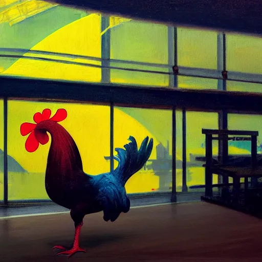 Image similar to detailed rooster, clockwork, moment, tectonic sky, skydome, bullet train, turbines, utopian, tech noir, wet reflections, prism, atmospheric, ambient, pj crook, syd mead, malcom t liepke, emma uber, edward hopper