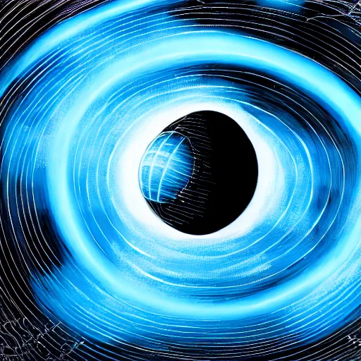 Prompt: a black hole at the center of a golden wireframe geometric structure, dyson sphere, deep blue and dark cyan nebula background, highly detailed artwork, acrylic painting