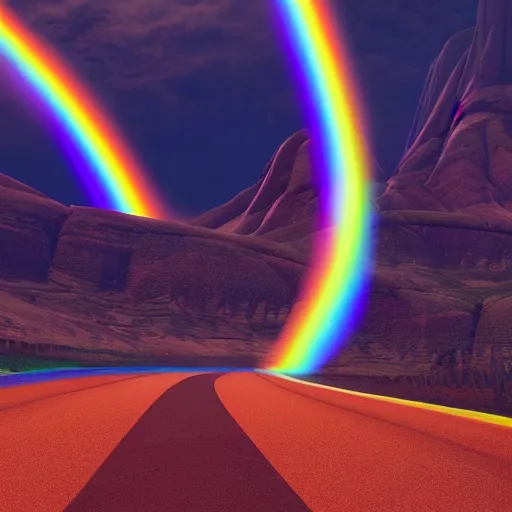 Prompt: Rainbow Road, the image is like beautiful dream, 4k post-processing highly detailed, art station, unreal engine + cinematography by Wes Anderson, Wide angle shot, futuristic, volumetric light, Fuji film, intricate detail, hyperreal, hyperrealistic, 4K, Octane render, unreal engine cinematic, sublime atmosphere,