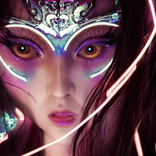 Image similar to A still of an ethereal, mysterious stunning maximalist mesmerizing elven girl with elf ears from the rainbow sky paradise in Tron: Legacy (2010), high-tech, professional high fashion model photo shoot for Victorian gothic lolita fashion, hyperdetailed by Mark Ryden and artgerm and Hiroyuki-Mitsume Takahashi, close-up 35mm macro shot, hyperrealism, 8k resolution 3D, cinematic, dynamic lighting, octane render, unreal engine 5