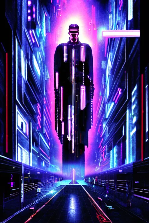 Image similar to cruxifiction of the technochrist, cyberpunk, bladerunner, rain, neon, holy, sacrifice, future, neo testament, video artifacts