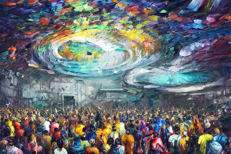 Image similar to palette knife oil painting of psychedelically lit exposed concrete walls, a crowd of clubbers, surrounding a cement fighting pit shaped like a satellite dish., extreme detail, artstation trending, artgerm, any racial background, deviant art, octane, substance, art history 8 k