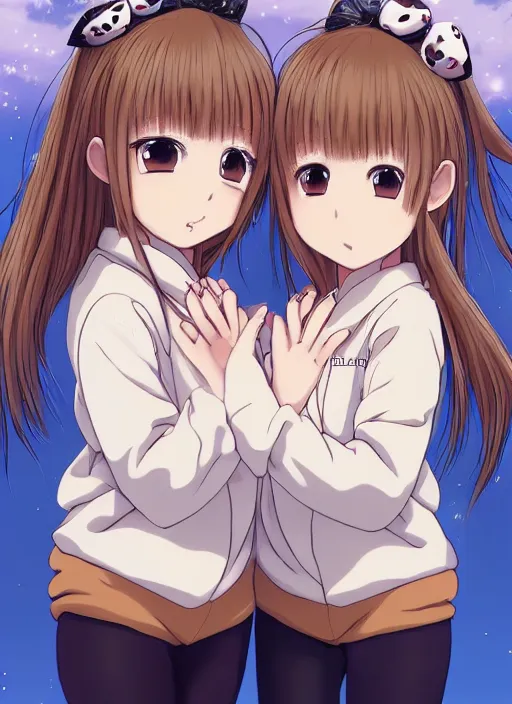 Prompt: highly detailed portrait of one blonde and one brown haired anime girl in onesies hugging each other looking at us, detailed eyes, happy, excited, digital art, cute, anime, detailed faces, well drawn faces, cute faces, hand drawn, 8 k, trending on artstation, official media, in the style of hayao miyazaki