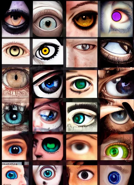 Image similar to diverse eyes!, dot pupils, sperical iris, macro, advanced art, art styles mix, from wikipedia, grid of styles, various eye shapes